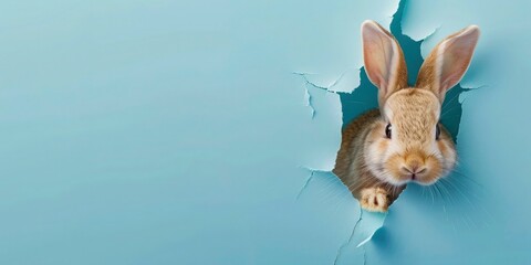 a Cute 3d render Bunny peeking out of a hole in solid color paper. Easter bunny banner with copy space. 