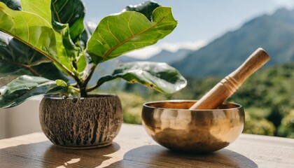 fiddle leaf fig sitting on table with tibetan singing bowl