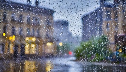 Raining, wet glass, old town in a backroud, bad weather, depressive mood, depression