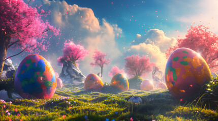 Vibrant colorful Easter eggs with cute patterns are laid on the grass with a little spring flowers on a vivid fancy background.