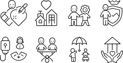 Fototapeta premium Care, awareness, safety, support, parenthood, Child care icons set vector collections. 