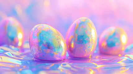 Vivid holographic neon Easter on a glossy gradient fluid background. Pink color tone.