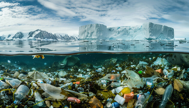 Beautiful Underwater Landscape Cold Antarctic Sea Waters, Icebergs With Plastic Bottles, Bags Waste. Beauty In Nature, Ocean, Marine Pollution, Plastic Pollution And NO PLASTIC Ecology Concept Image