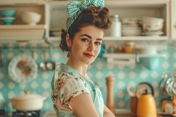 Portrait of an attractive housewife at the kitchen, retro life style