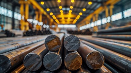 Rows of Steel Round Bar storage and stacking in the warehouse for industrial construction.manufacture, iron, metal, building, architecture - obrazy, fototapety, plakaty