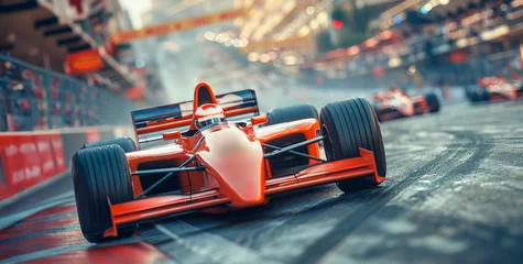 Fototapete Motorsport cars racing on race track with motion blur background. F1 Grand Prix , Formula 1, Car racing © saichon