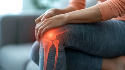 Close-up of an adult's knee with glowing pain points, sitting on a couch, indicating joint discomfort in a home setting. joint inflammation, bone fracture, osteoarthritis, leg injury - obrazy, fototapety, plakaty
