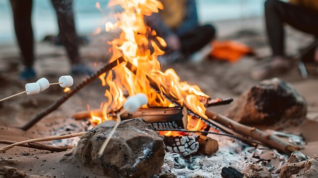 Beach bonfire with friends roasting marshmallows, with copy space