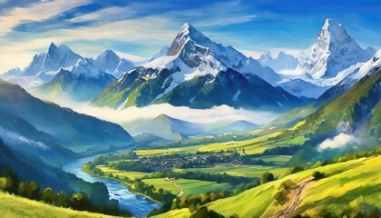 Fototapeta premium Showcase a panoramic view of snow-capped mountain peaks against a vibrant blue sky.