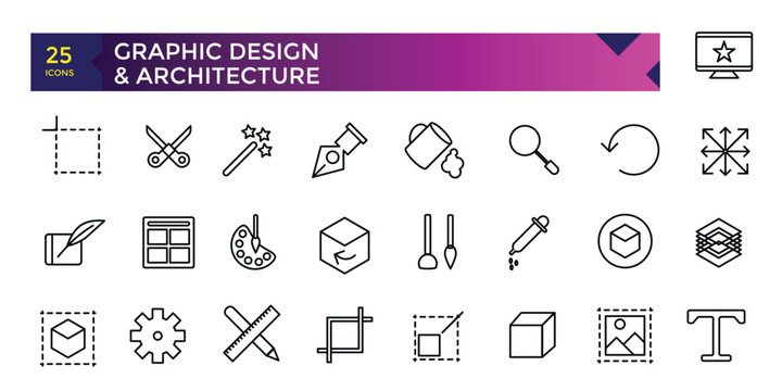 Set of graphic design icons. Line art style icons bundle. Creative Process symbol. Design, creative package, palette, prepress.