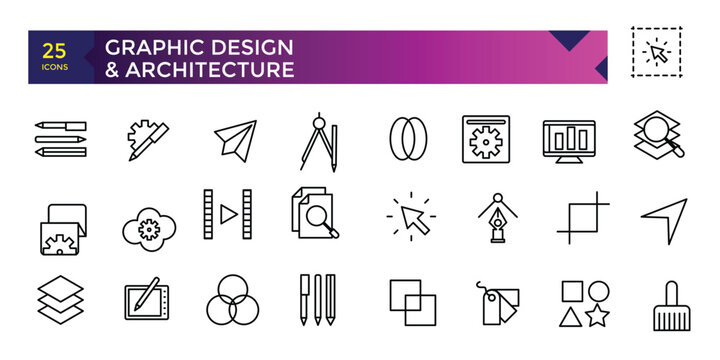 Set of graphic design icons. Line art style icons bundle. Creative Process symbol. Design, creative package, palette, prepress.