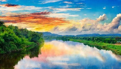 Fototapeta na wymiar wallpaper watercolor painting colorful of the sky over the river