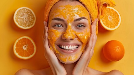 a woman with a glowing complexion masking her face with Citrus Fruit. - obrazy, fototapety, plakaty
