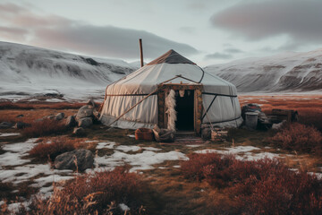 Traditional yurt in snowy mountain landscape - Powered by Adobe
