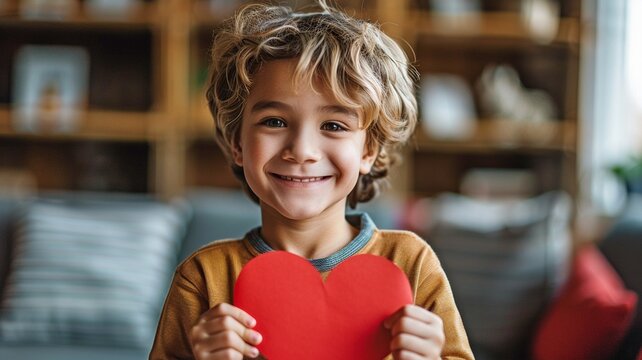 A cheerful youngster clutching a red paper heart against a background of an interior space.