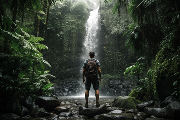 Explorer gazing at a majestic waterfall in lush forest