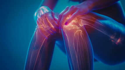 A young female experiences severe knee pain, highlighted by red illumination, in a dimly lit room. joint inflammation, bone fracture, woman suffering from osteoarthritis, leg injury,