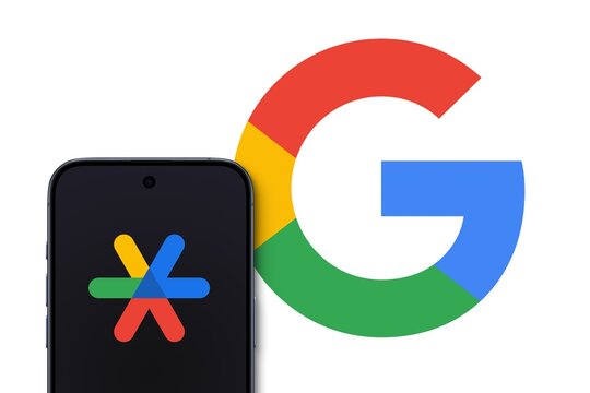 Google Authenticator logo is displayed on a modern smartphone, big Google logo in the background, multi-factor authentication services using the time-based one-time password, security, authenticator