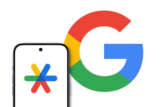Google Authenticator logo is displayed on a modern smartphone, big Google logo in the background, multi-factor authentication services using the time-based one-time password, security, authenticator