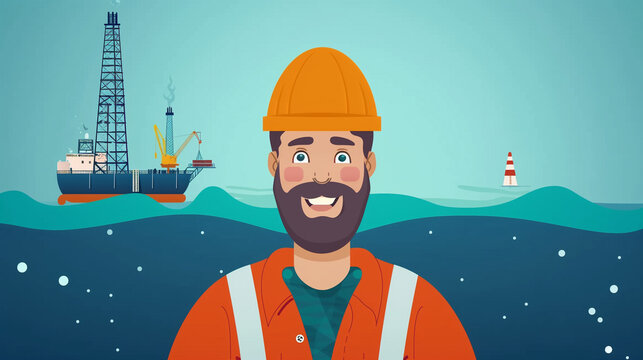 employee, worker against the background of the sea and an oil platform. Illustration.  Concept. international oil mans day