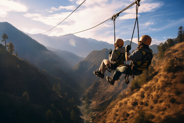 Thrilling zip line adventure over mountainous landscape - Powered by Adobe