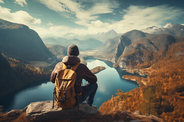 Lone explorer overlooking majestic autumn valley - obrazy, fototapety, plakaty