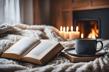books and a knitted scarf on the bed - obrazy, fototapety, plakaty