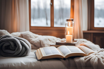 books and a knitted scarf on the bed