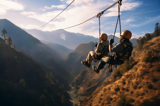 Thrilling zip line adventure over mountainous landscape