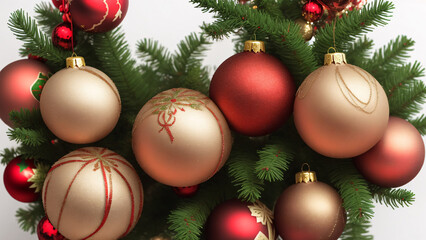 Fototapeta na wymiar Christmas tree with red and gold balls on white background, closeup