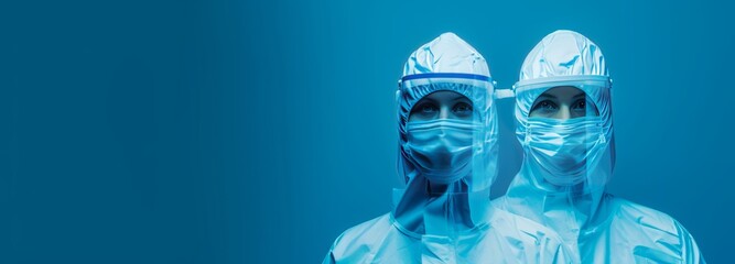 Two persons donned in protective suits and face shields stand against a monochromatic blue background emphasizing safety