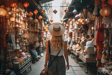 Young woman exploring traditional Asian market street