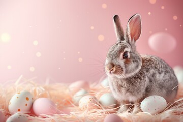 Naklejka na ściany i meble Cute Easter bunny with pastel Easter eggs on a delicate pink background with copy space