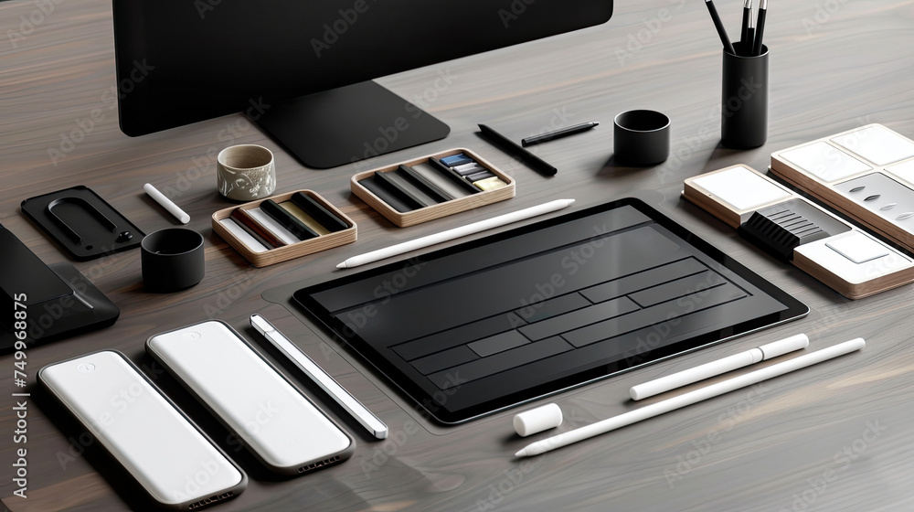 Poster a computer monitor sits atop a table, accompanied by a keyboard. the setup suggests a workspace or o