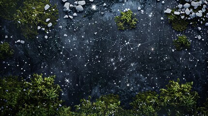 Obraz na płótnie Canvas A night sky moss picture, where dark moss forms the backdrop for a constellation design created with white pebbles and glowing elements. 