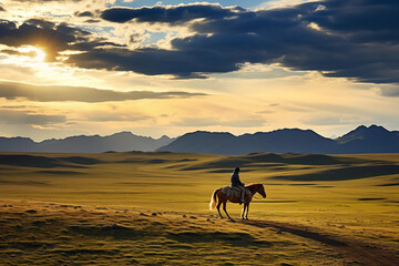Lone rider at sunset in the vast plains