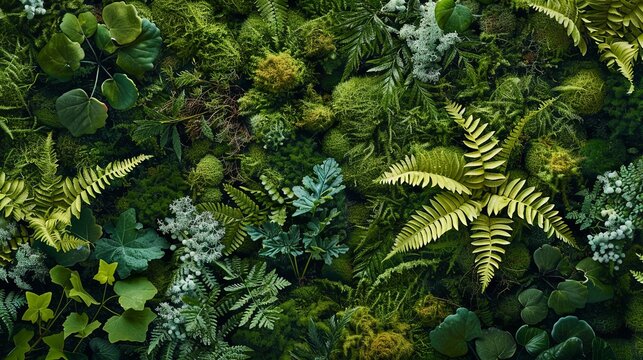 A serene composition featuring a lush green moss background, intricately arranged with patterns of ferns and tiny wildflowers. 