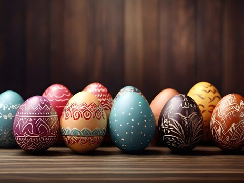 Close up of colourful Easter Eggs for Decoration on Wooden Background