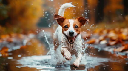 A brown and white dog energetically runs through a puddle of water, splashing and creating ripples...