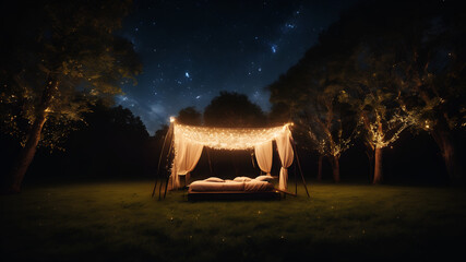 A grassy meadow under a canvas of stars, illuminated by fairy lights strung across the trees