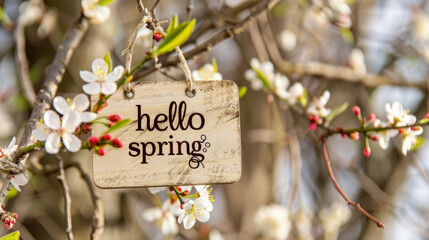 A sign that reads hello spring is hanging from a tree branch, announcing the arrival of the new season in a natural setting