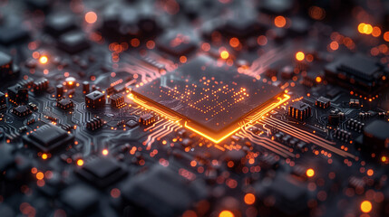 High-detail image of an illuminated microchip and circuitry