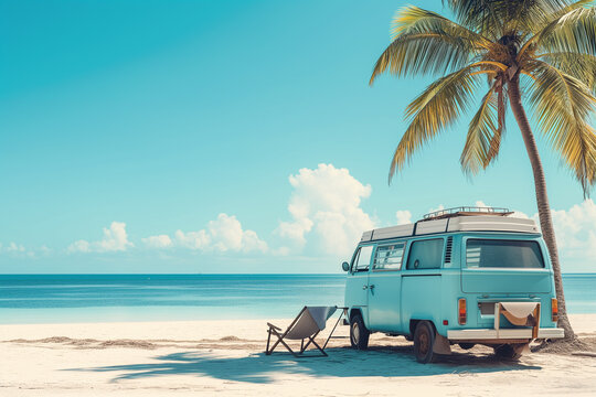 Ready for summer travel. Van and beach bed at the sea. Summer and holiday, road trip concept