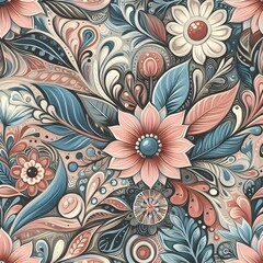 Abstract hand drawn flower art seamless pattern illustration.