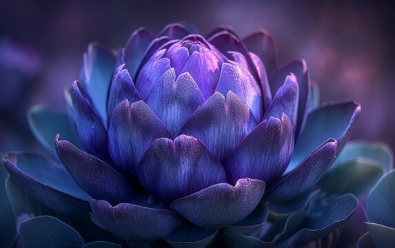 A macro shot capturing the intricate details and mesmerizing purple hues of an artichoke bloom