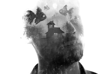 A disappearing conceptual paintography portrait of a man in double exposure - 749970470