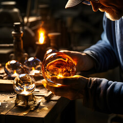 A close-up of a glassblower crafting a delicate orb