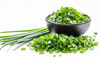 fresh green herbs chives in a bunch blades chopped loose pieces in a heap and a bowl isolated cooking nutrition diet farm or garden design elements set collection cut out transparent png