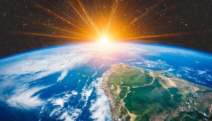 view of blue planet earth with sun rising from space elements of this image furnished by nasa - obrazy, fototapety, plakaty