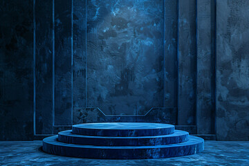 Empty product podium with indigo blue octagon velvet material royal set against a night gala event - obrazy, fototapety, plakaty
